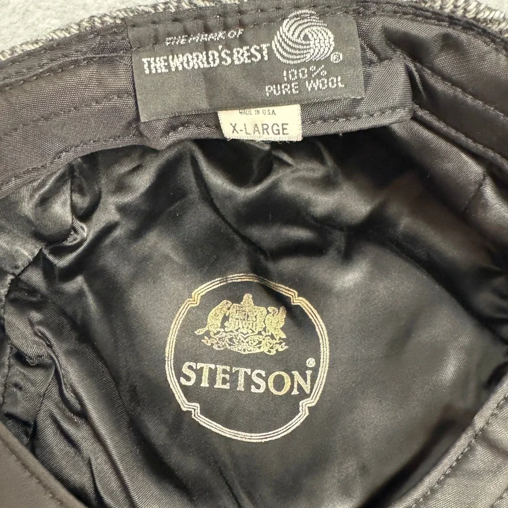 Vintage Mens Stetson Herringbone 100% Wool Flat Cap Sz XL Black White Made USA